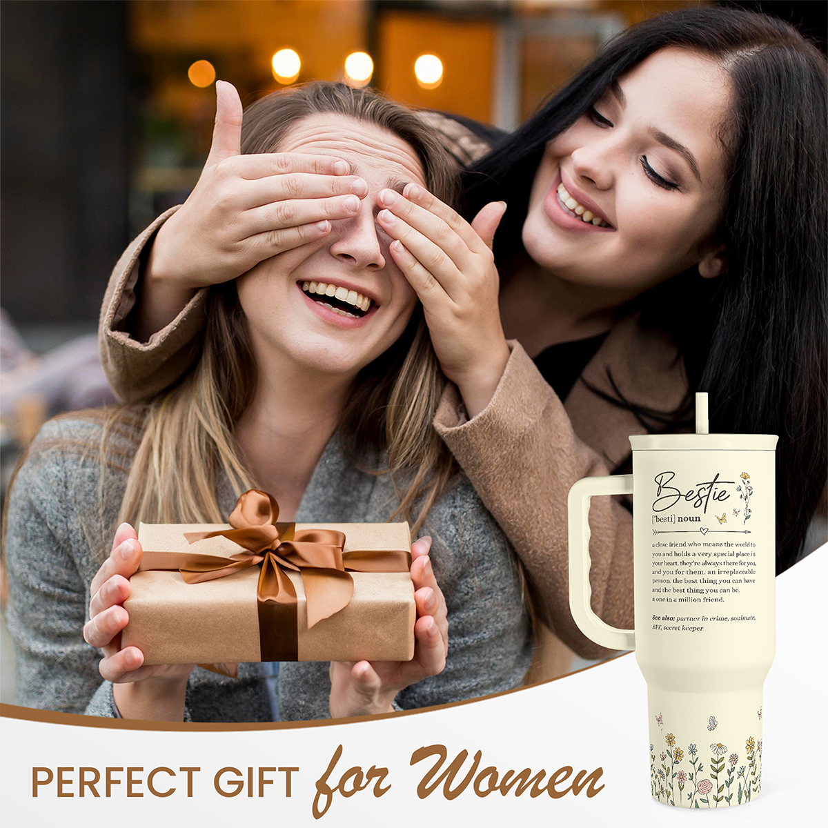 Best Friend Tumbler with Handle 40oz, Bestie Cups for Women Stainless Steel Coffee Travel Tumblers with Straw, Bestie Gifts for Female Friends BFF, Friendship Gift for Birthday Christmas Valentines