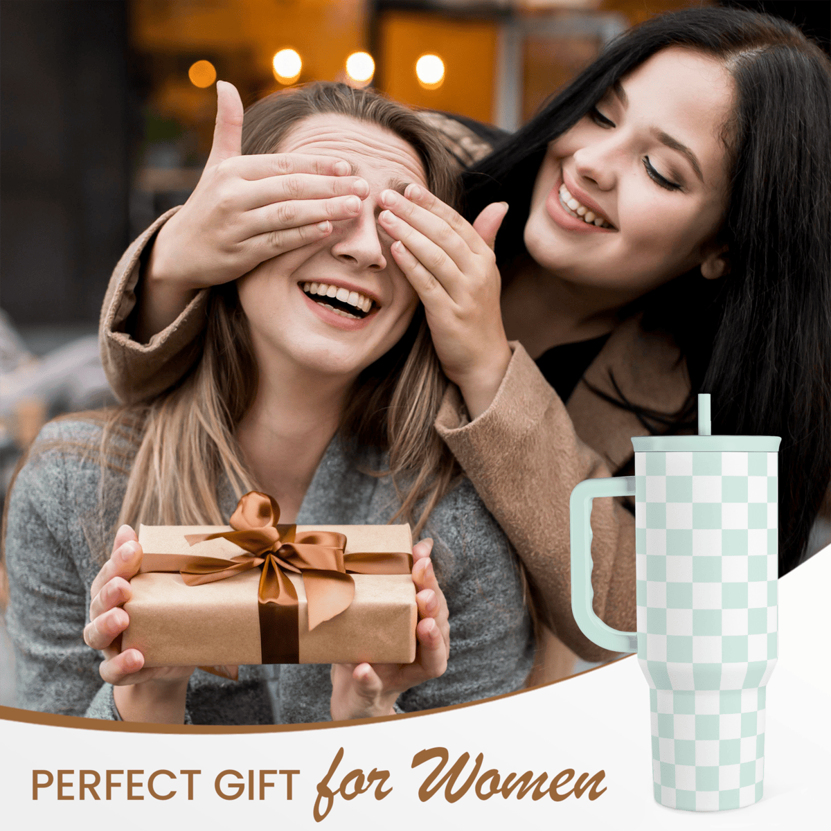 Checkered Tumbler with Handle 40oz, Mint Checker Cup Stainless Steel Insulated Tumblers Coffee Travel Mug Cups with Straw, Gifts for Women Girls Teen Birthday Christmas