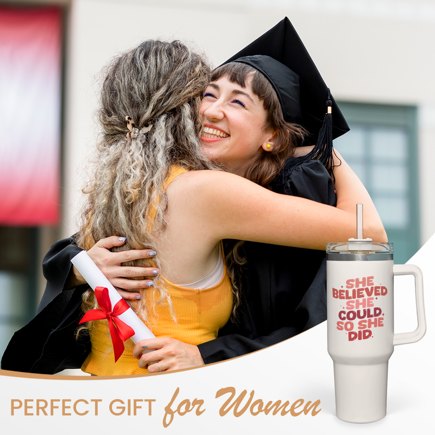 Graduation Gifts for Women She Believed She Could So She Did Tumbler 40oz Stainless Steel Insulated with Handle and Straw, New Job, Going Away, Inspirational Gifts for Her
