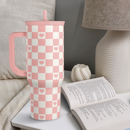 40oz Checkered and Heart Tumbler with Handle and Straw - Insulated Stainless Steel Travel Coffee Mug for Women Girls, Gift for Birthday, Christmas