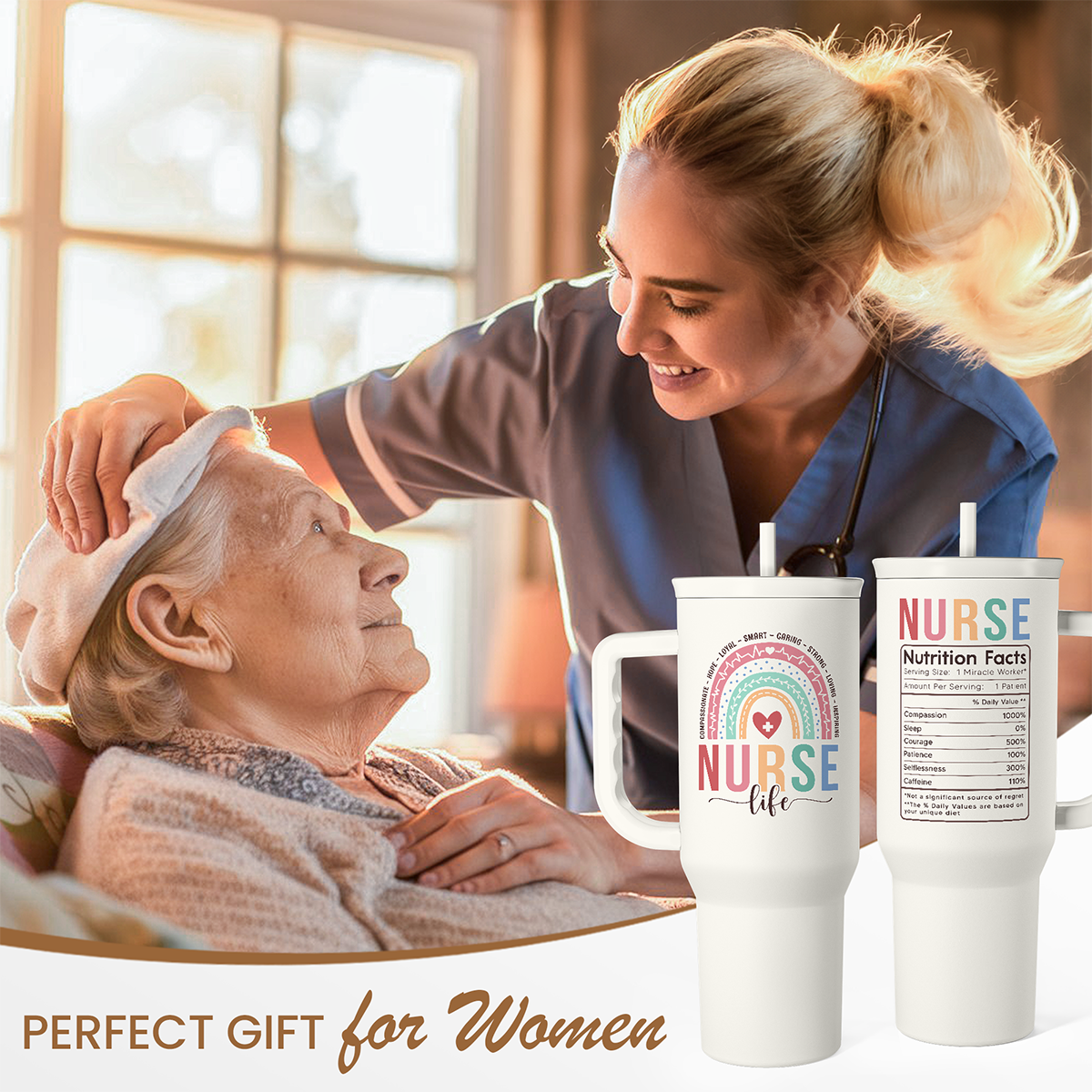 Nurse Tumbler with Handle 40oz, Stainless Steel Tumblers Coffee Travel Mug Cups with Straw, Nurse Appreciation Gifts for Women Female Nurses, Nursing Gift for Birthday Christmas Nurse Week