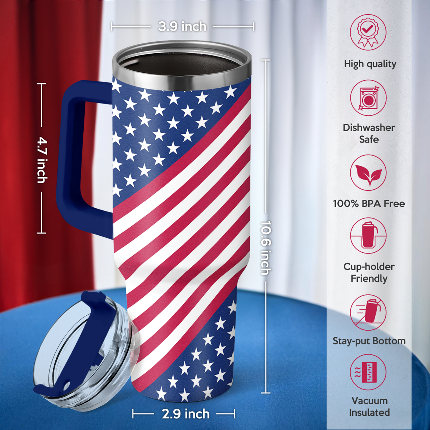 American Flag Tumbler with Handle, America Engraved 40oz Stainless Steel Insulated Coffee Mug with Lid & Straw, America Gifts for Men Women, USA Tumblers Cup Gift for Christmas