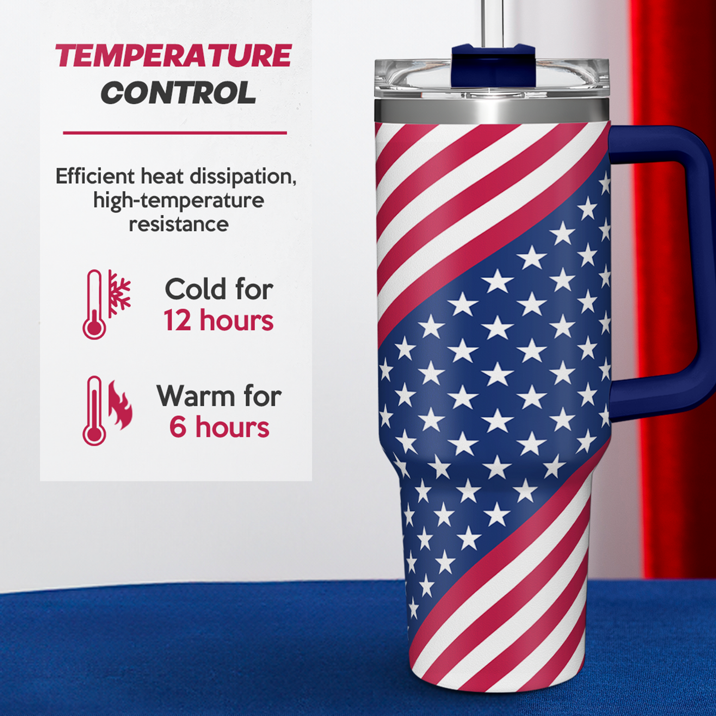 American Flag Tumbler with Handle, America Engraved 40oz Stainless Steel Insulated Coffee Mug with Lid & Straw, America Gifts for Men Women, USA Tumblers Cup Gift for Christmas