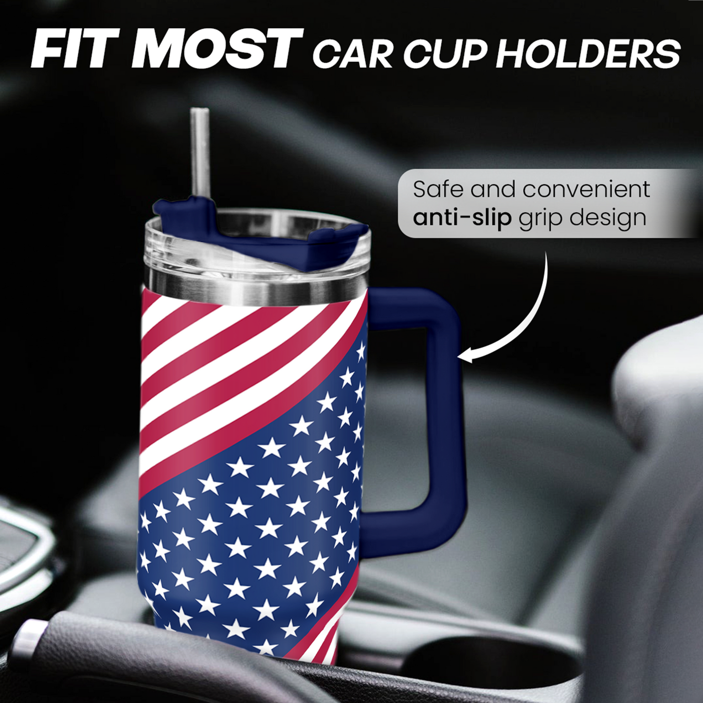 American Flag Tumbler with Handle, America Engraved 40oz Stainless Steel Insulated Coffee Mug with Lid & Straw, America Gifts for Men Women, USA Tumblers Cup Gift for Christmas