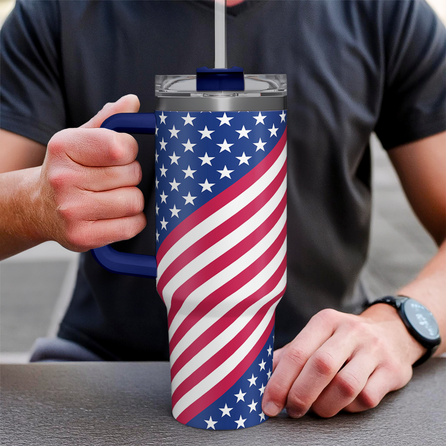 American Flag Tumbler with Handle, America Engraved 40oz Stainless Steel Insulated Coffee Mug with Lid & Straw, America Gifts for Men Women, USA Tumblers Cup Gift for Christmas