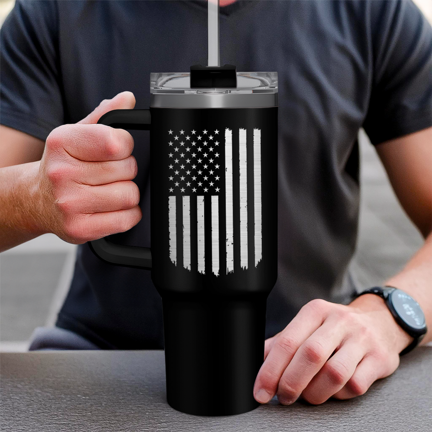 American Flag Tumbler with Handle, America 40oz Stainless Steel Insulated Coffee Mug with Lid & Straw, America Gifts for Men Women, USA Tumblers Cup Gift for Christmas