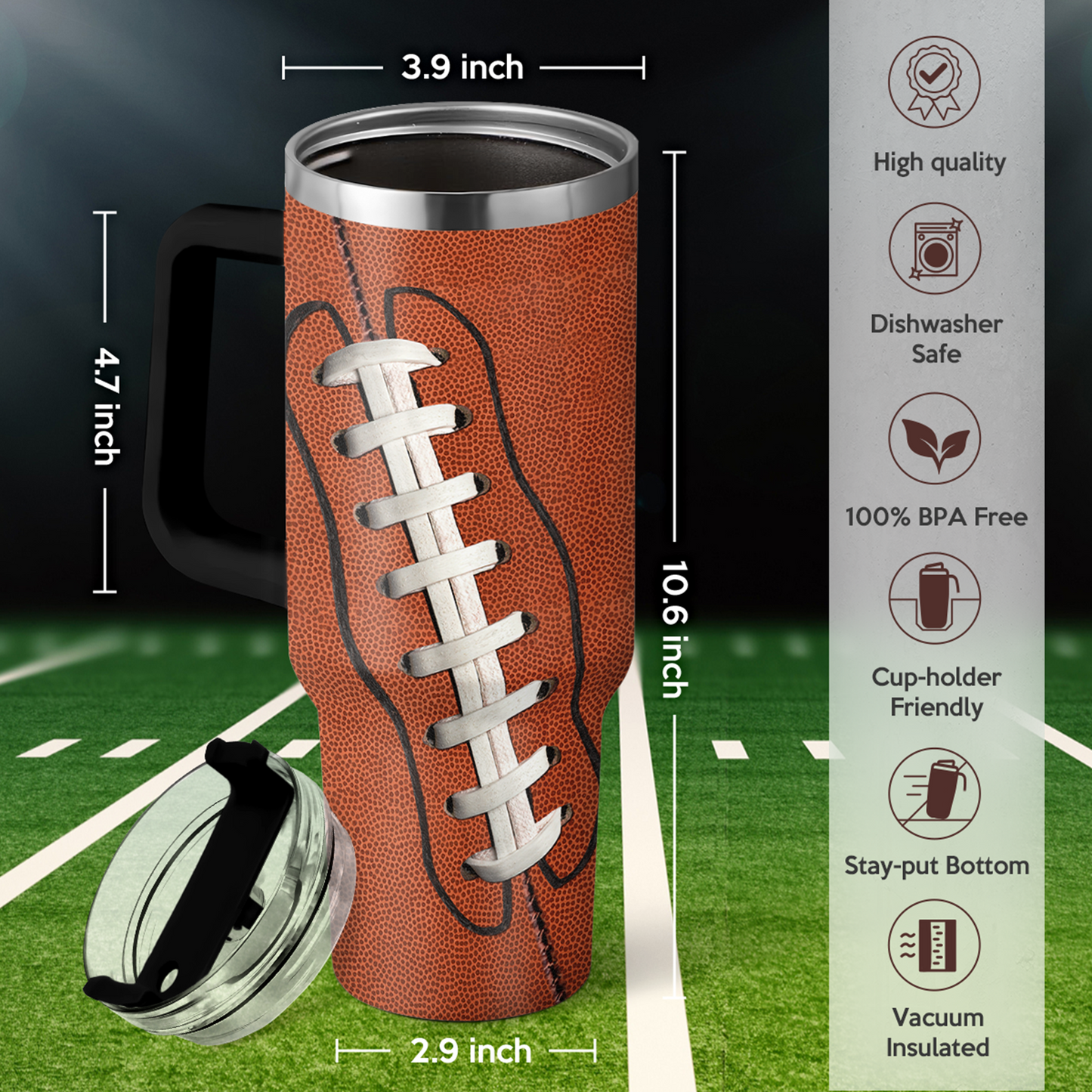 Football Tumbler with Handle 40oz with Lid & Straw, Football Gifts for Men Boys Player Coach Sports Lover, Football Tumblers Coffee Stainless Steel Insulated Cup Gifts for Christmas Birthday