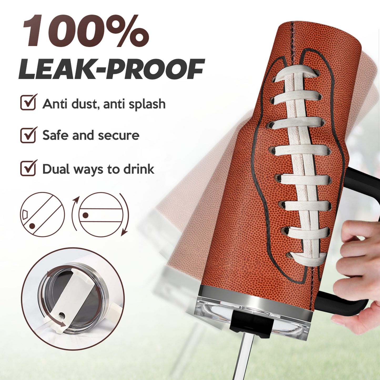 Football Tumbler with Handle 40oz with Lid & Straw, Football Gifts for Men Boys Player Coach Sports Lover, Football Tumblers Coffee Stainless Steel Insulated Cup Gifts for Christmas Birthday