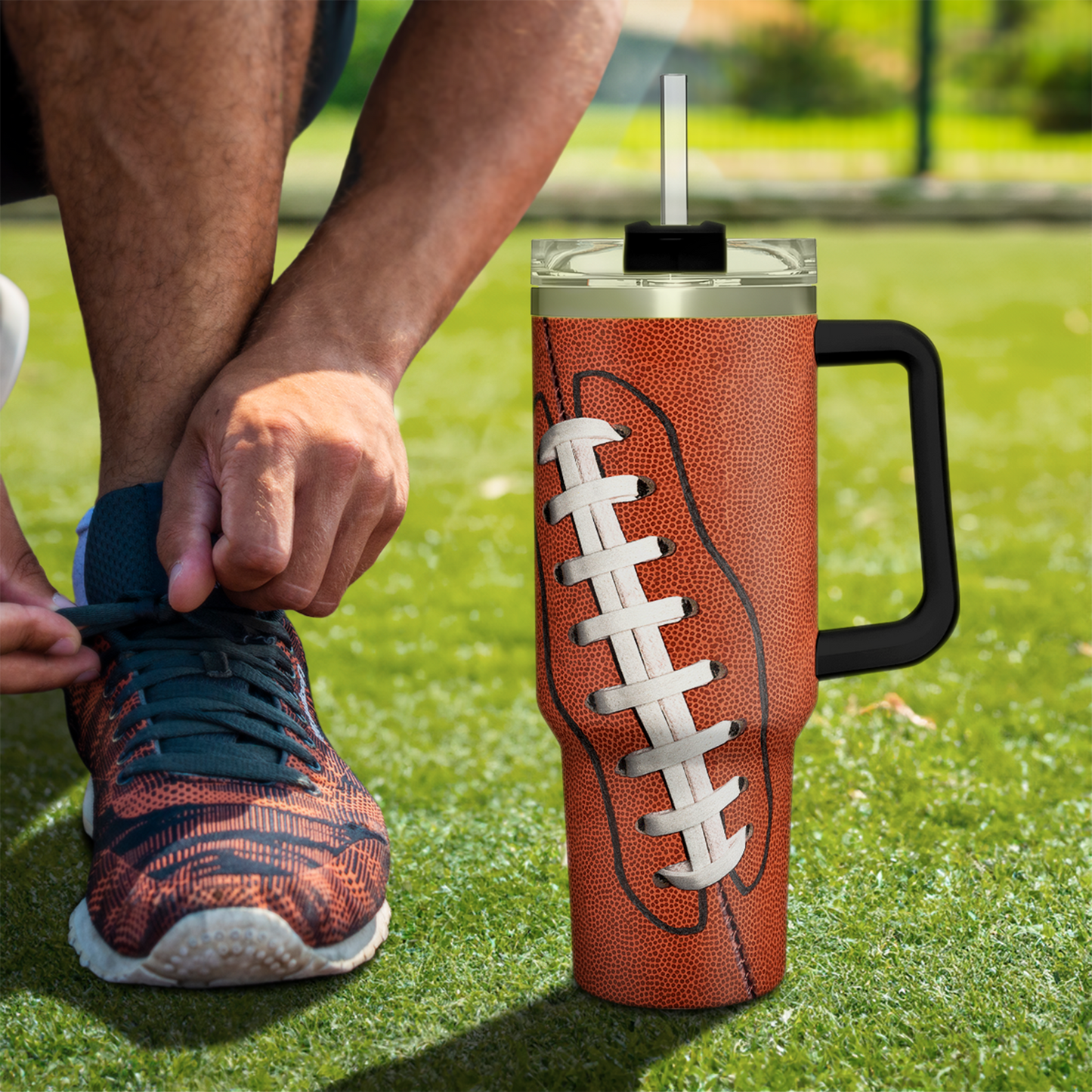 Football Tumbler with Handle 40oz with Lid & Straw, Football Gifts for Men Boys Player Coach Sports Lover, Football Tumblers Coffee Stainless Steel Insulated Cup Gifts for Christmas Birthday