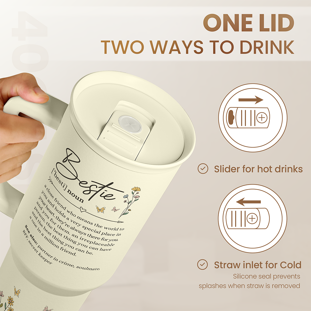 Best Friend Tumbler with Handle 40oz, Bestie Cups for Women Stainless Steel Coffee Travel Tumblers with Straw, Bestie Gifts for Female Friends BFF, Friendship Gift for Birthday Christmas Valentines