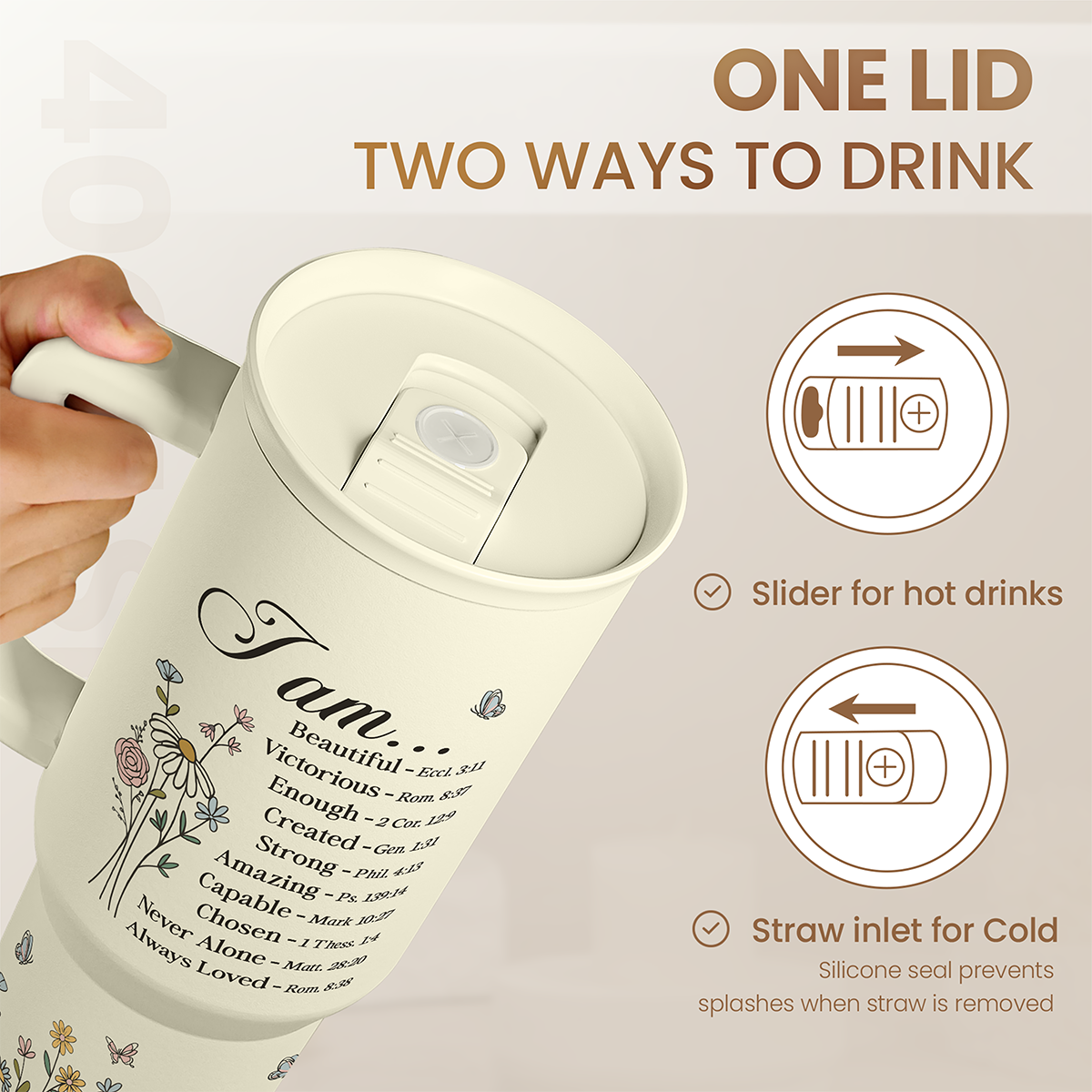 Christian Tumbler with Handle 40oz, Inspirational Gifts for Her, Religious Gift for Women Girl, Stainless Steel Insulated Coffee Travel Cup, Inspiration Gift for Christmas Birthday Mothers Day