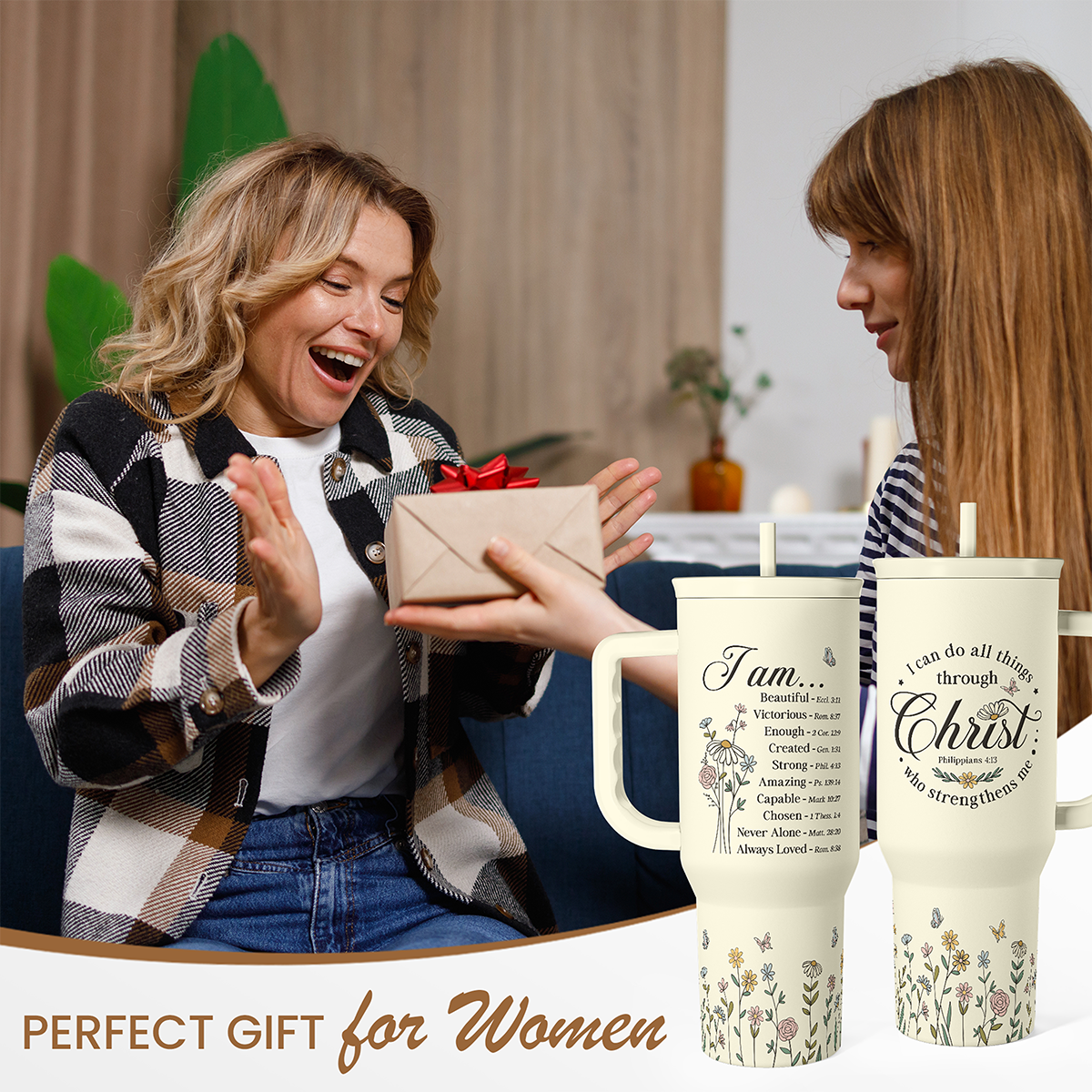 Christian Tumbler with Handle 40oz, Inspirational Gifts for Her, Religious Gift for Women Girl, Stainless Steel Insulated Coffee Travel Cup, Inspiration Gift for Christmas Birthday Mothers Day