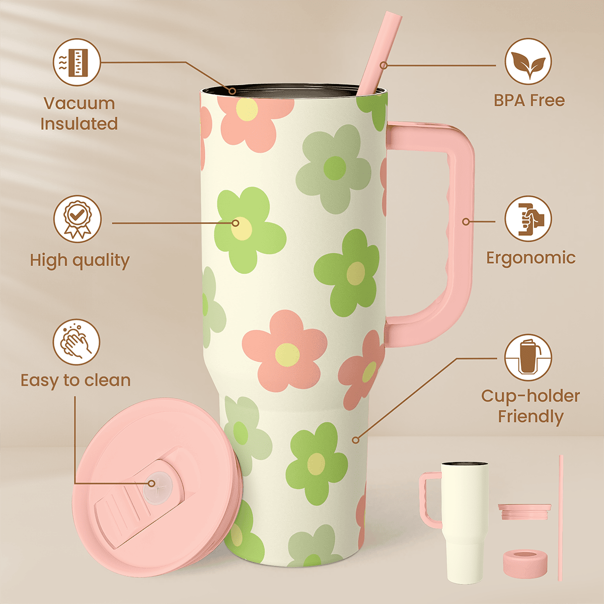 Daisy Tumbler with Handle 40oz, Floral Cup Stainless Steel Insulated Tumblers Coffee Travel Mug with Straw, Flower Cups Gifts for Women Girls Teens Birthday Christmas