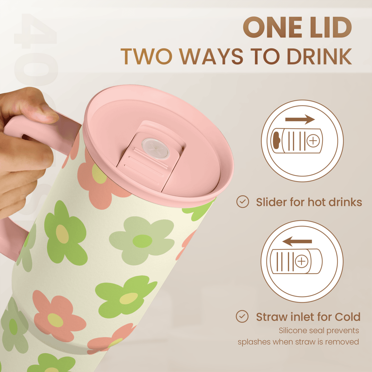 Daisy Tumbler with Handle 40oz, Floral Cup Stainless Steel Insulated Tumblers Coffee Travel Mug with Straw, Flower Cups Gifts for Women Girls Teens Birthday Christmas