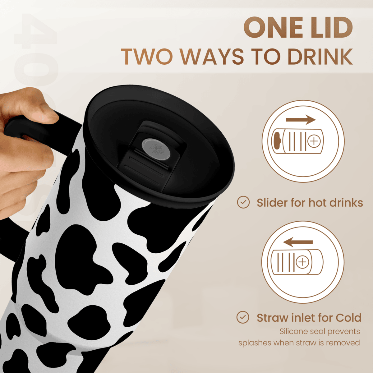 Cow Tumbler with Handle 40oz, Cow Print Cup Stainless Steel Tumblers Coffee Travel Cups with Slider Lid, Cow Gifts for Women Birthday Christmas Mothers Day