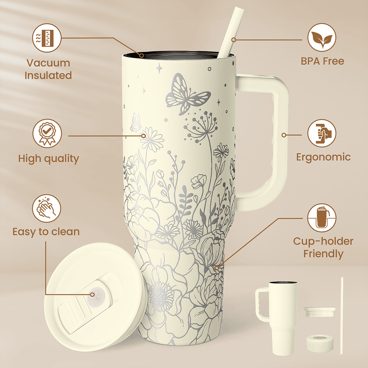 Floral Tumbler with Handle 40oz, Stainless Steel Insulated Tumblers Coffee Travel Mug Cup with Straw, Flower Coffee Cup Gifts for Women Girls, Gift for Her on Christmas Birthday Mothers Day