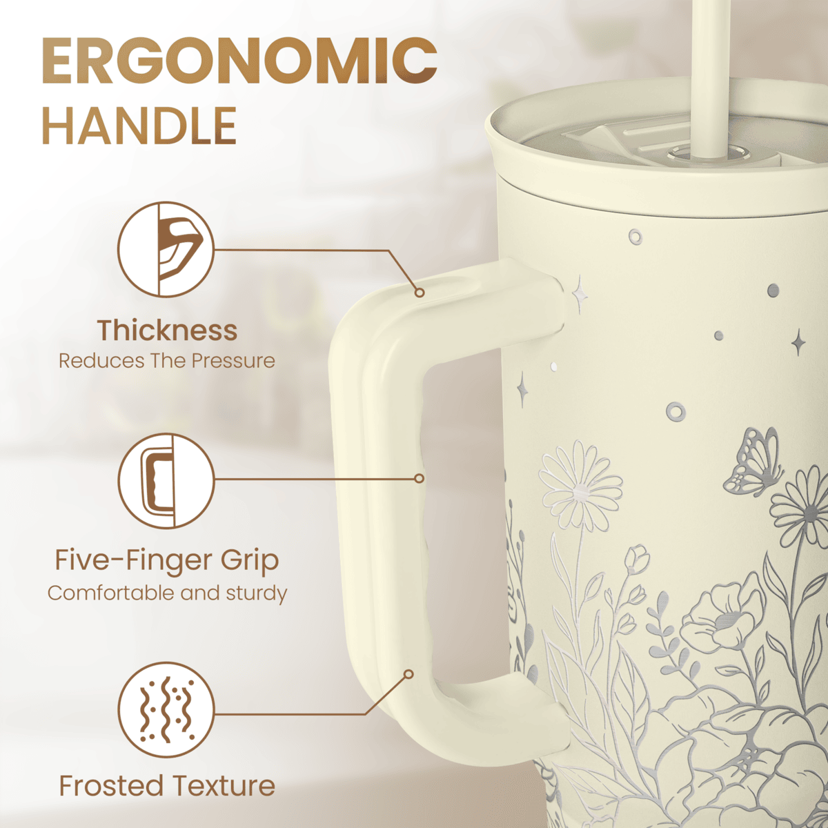 Floral Tumbler with Handle 40oz, Stainless Steel Insulated Tumblers Coffee Travel Mug Cup with Straw, Flower Coffee Cup Gifts for Women Girls, Gift for Her on Christmas Birthday Mothers Day