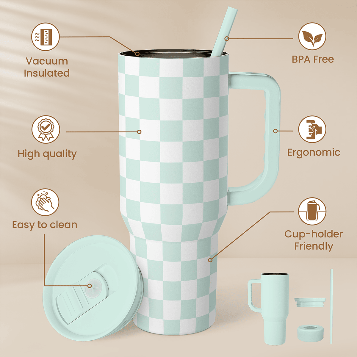 Checkered Tumbler with Handle 40oz, Mint Checker Cup Stainless Steel Insulated Tumblers Coffee Travel Mug Cups with Straw, Gifts for Women Girls Teen Birthday Christmas