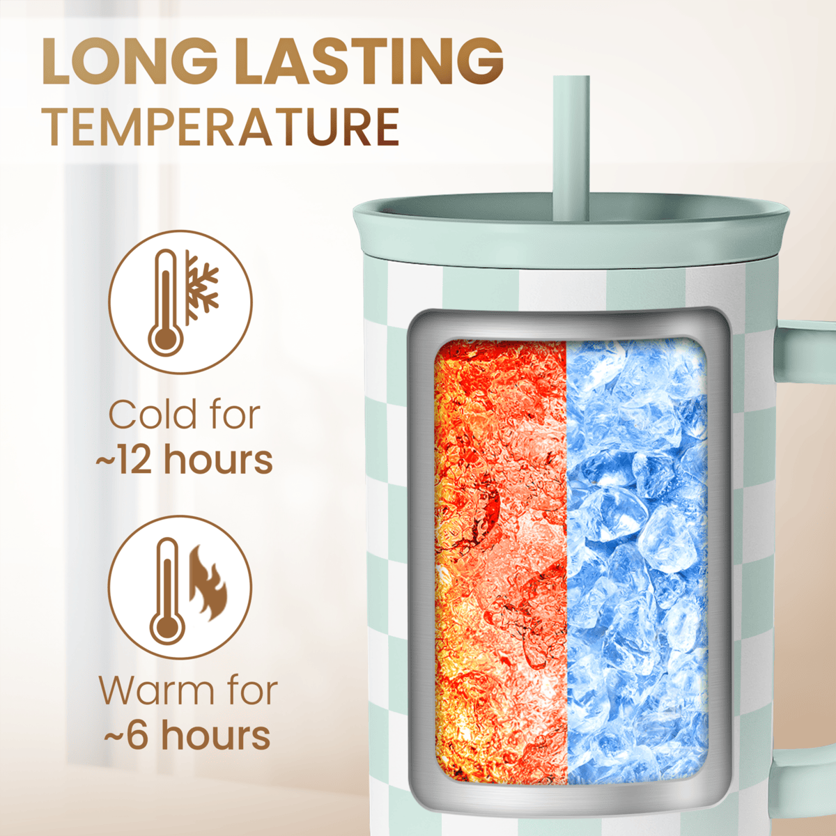 Checkered Tumbler with Handle 40oz, Mint Checker Cup Stainless Steel Insulated Tumblers Coffee Travel Mug Cups with Straw, Gifts for Women Girls Teen Birthday Christmas