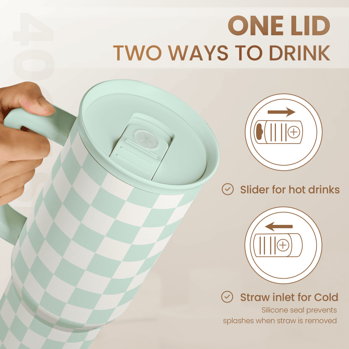 Checkered Tumbler with Handle 40oz, Mint Checker Cup Stainless Steel Insulated Tumblers Coffee Travel Mug Cups with Straw, Gifts for Women Girls Teen Birthday Christmas