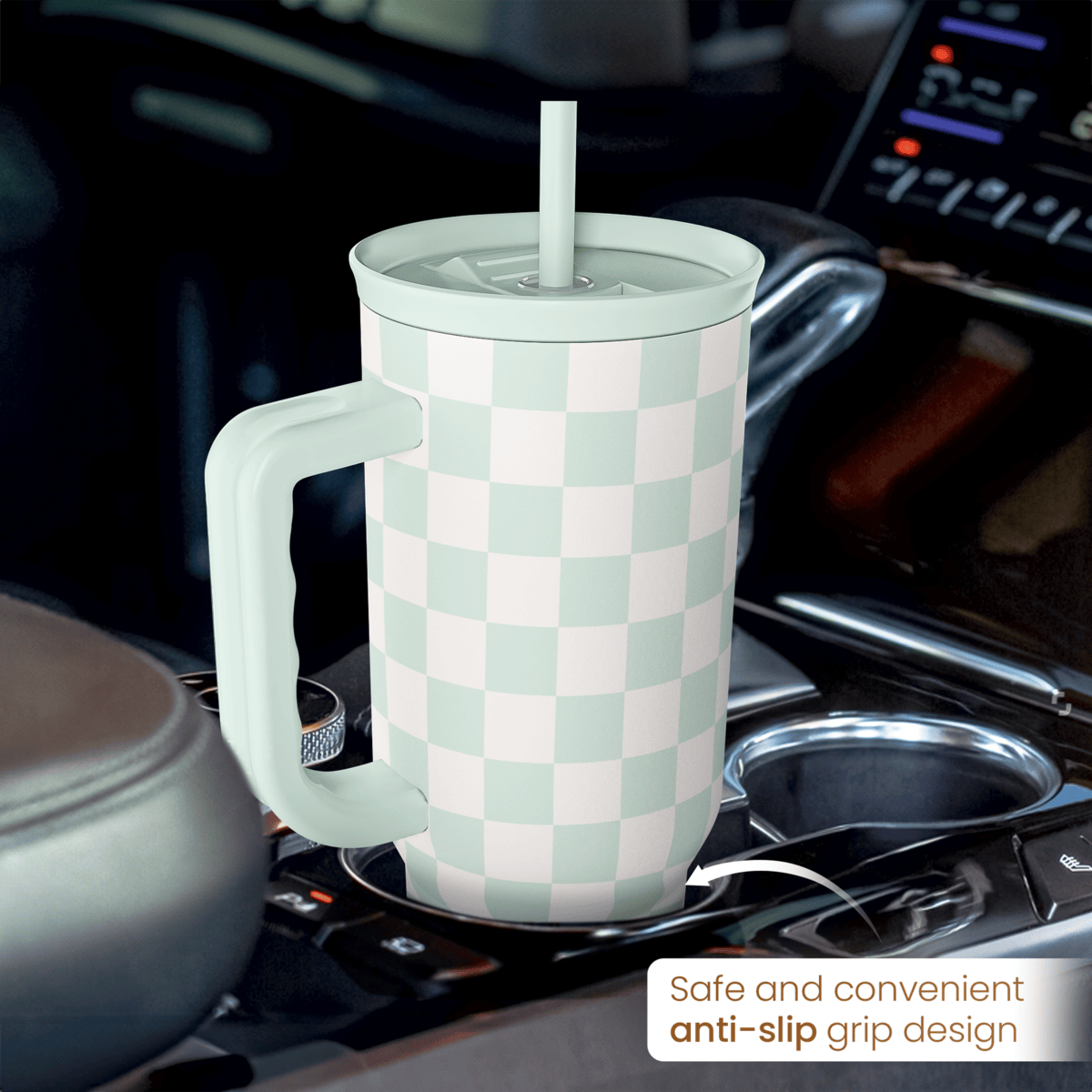 Checkered Tumbler with Handle 40oz, Mint Checker Cup Stainless Steel Insulated Tumblers Coffee Travel Mug Cups with Straw, Gifts for Women Girls Teen Birthday Christmas