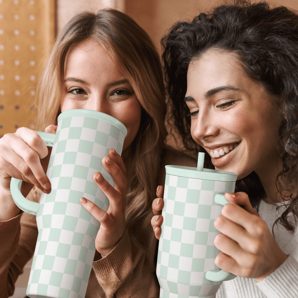 Checkered Tumbler with Handle 40oz, Mint Checker Cup Stainless Steel Insulated Tumblers Coffee Travel Mug Cups with Straw, Gifts for Women Girls Teen Birthday Christmas