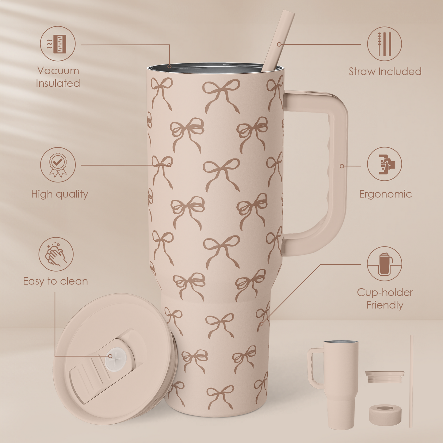 Bow Tumbler with Handle and Straw 40oz – Stainless Sleel Slider Tumbler Travel Coffee Mug for Women - Gift Idea for Birthday Christmas