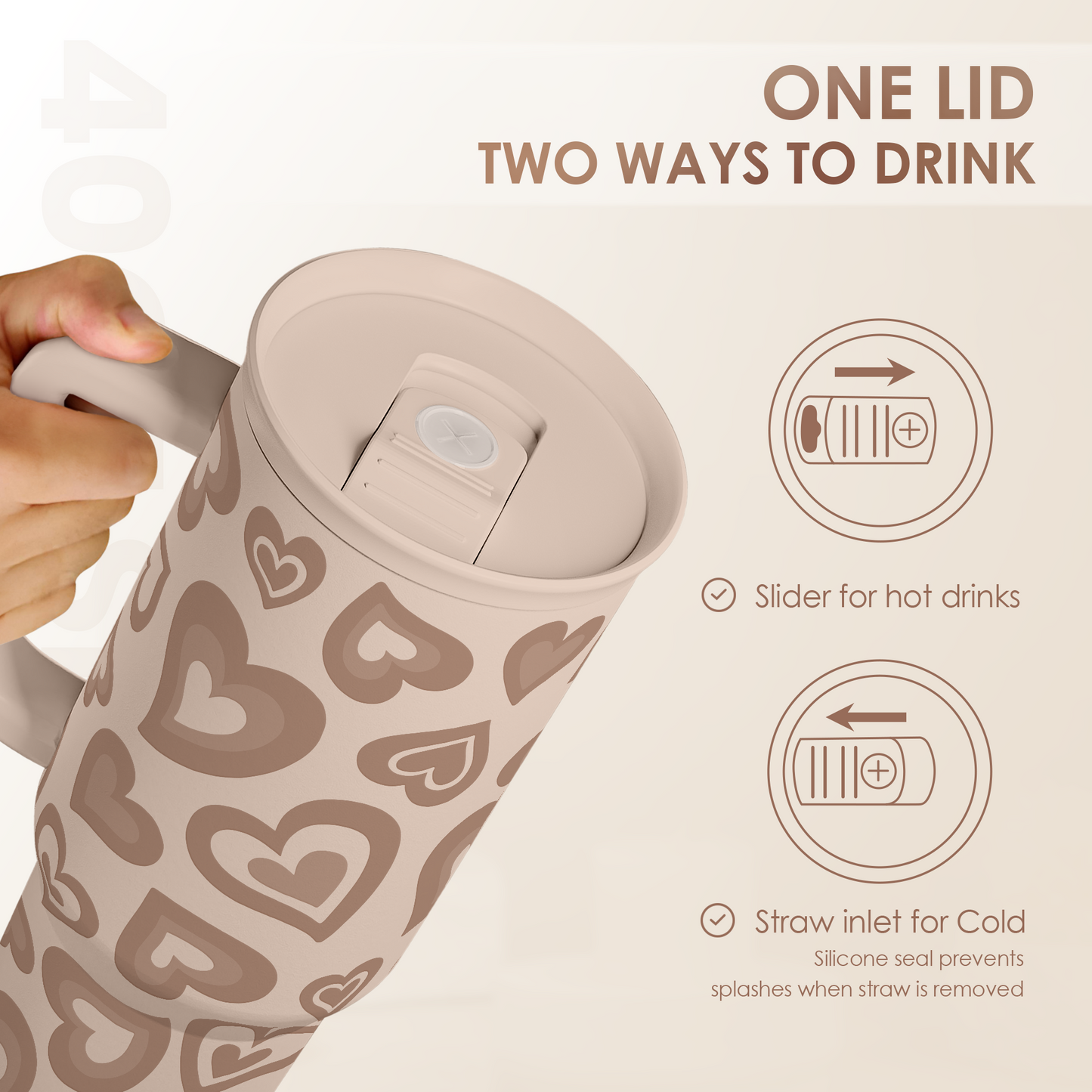 Heart Tumbler with Handle and Straw 40oz – Stainless Sleel Slider Tumbler Travel Coffee Mug for Women - Gift Idea for Birthday Christmas Valentine's Day