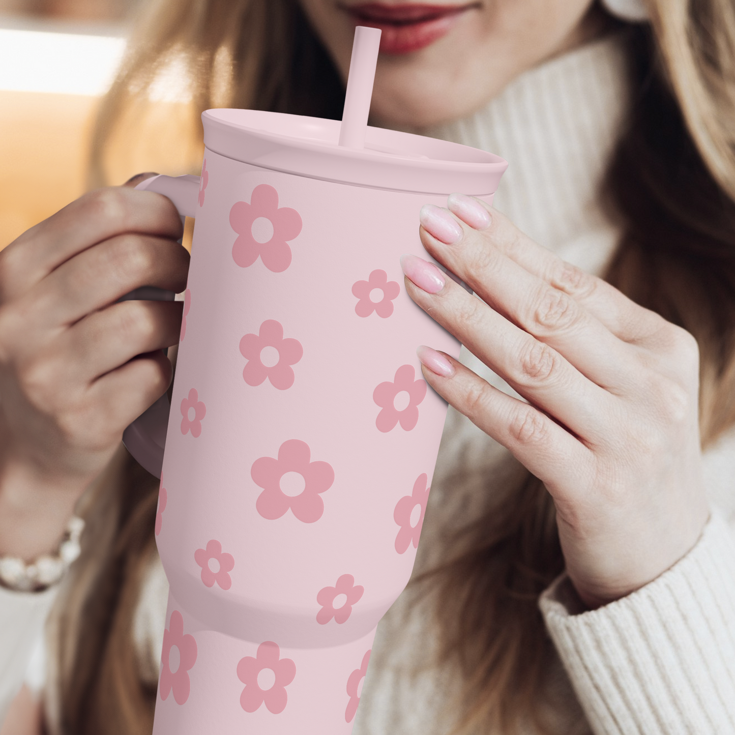 Floral Tumbler with Handle and Straw 40oz Stainless Sleel Slider Tumbler Travel Coffee Mug for Women - Gift Idea for Birthday Christmas