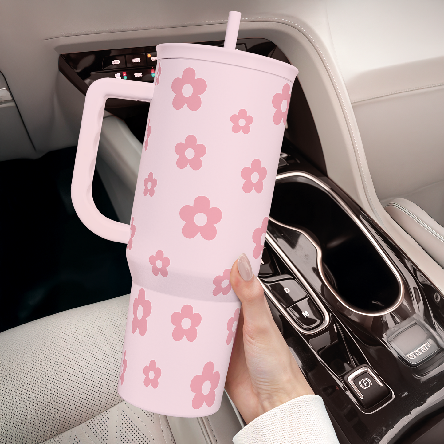 Floral Tumbler with Handle and Straw 40oz Stainless Sleel Slider Tumbler Travel Coffee Mug for Women - Gift Idea for Birthday Christmas