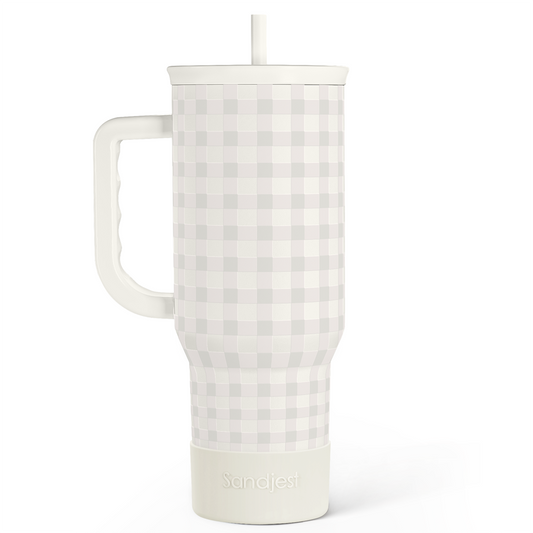 Grey Gingham 40oz Slider Tumbler with Handle and Straw - Insulated Stainless Steel Travel Coffee Mug for Women Girls, Gift for Birthday, Christmas