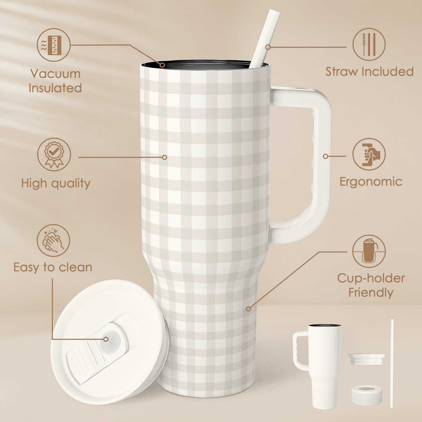 Grey Gingham 40oz Slider Tumbler with Handle and Straw - Insulated Stainless Steel Travel Coffee Mug for Women Girls, Gift for Birthday, Christmas