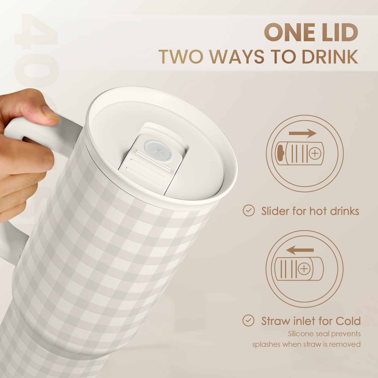 Grey Gingham 40oz Slider Tumbler with Handle and Straw - Insulated Stainless Steel Travel Coffee Mug for Women Girls, Gift for Birthday, Christmas