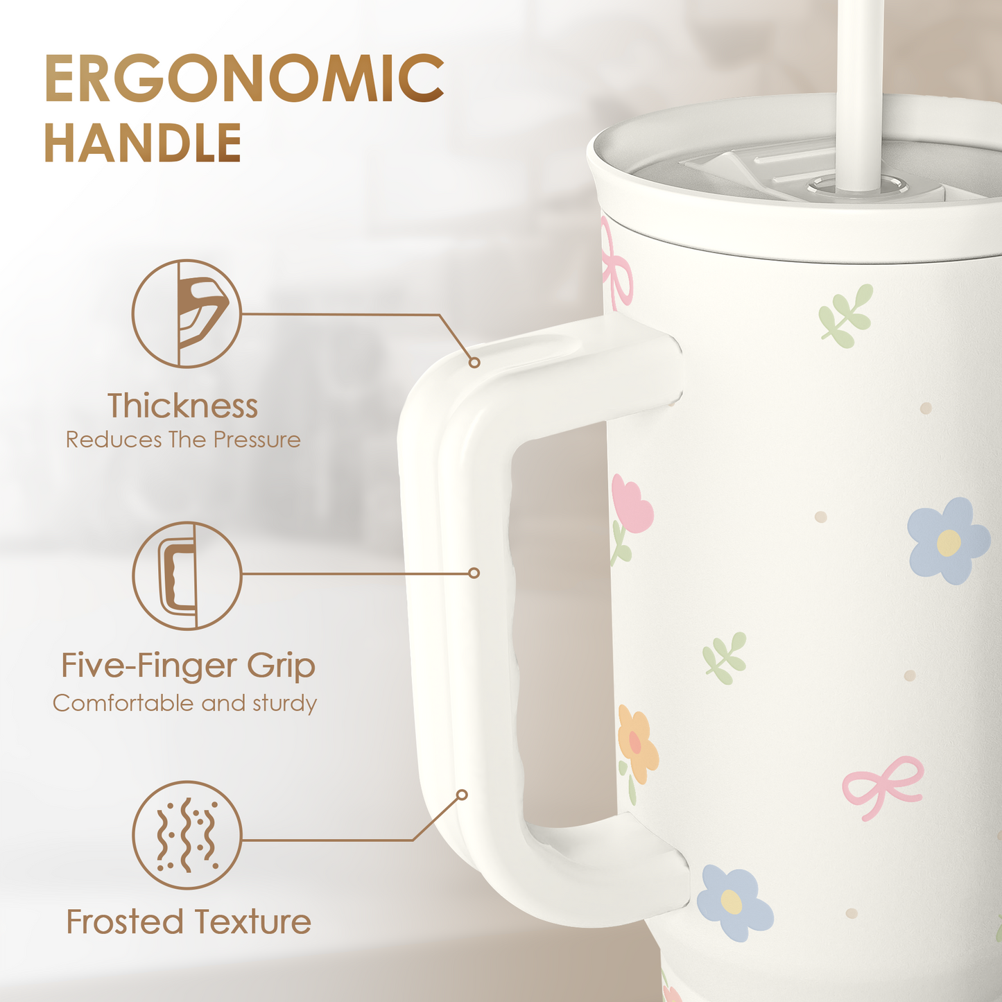 Floral 40oz Slider Tumbler with Handle and Straw - Insulated Stainless Steel Travel Coffee Mug for Women Girls, Gift for Birthday Christmas