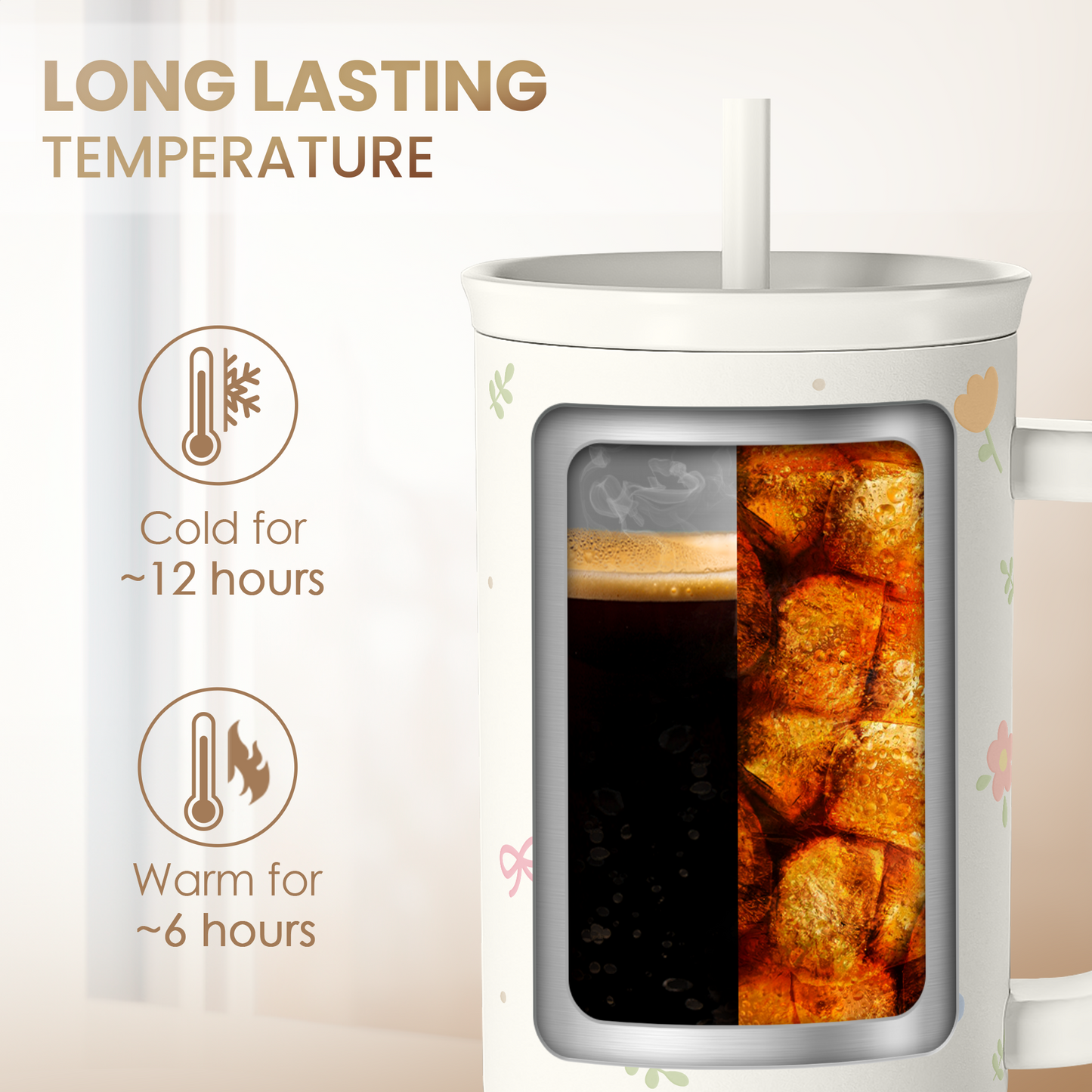 Floral 40oz Slider Tumbler with Handle and Straw - Insulated Stainless Steel Travel Coffee Mug for Women Girls, Gift for Birthday Christmas