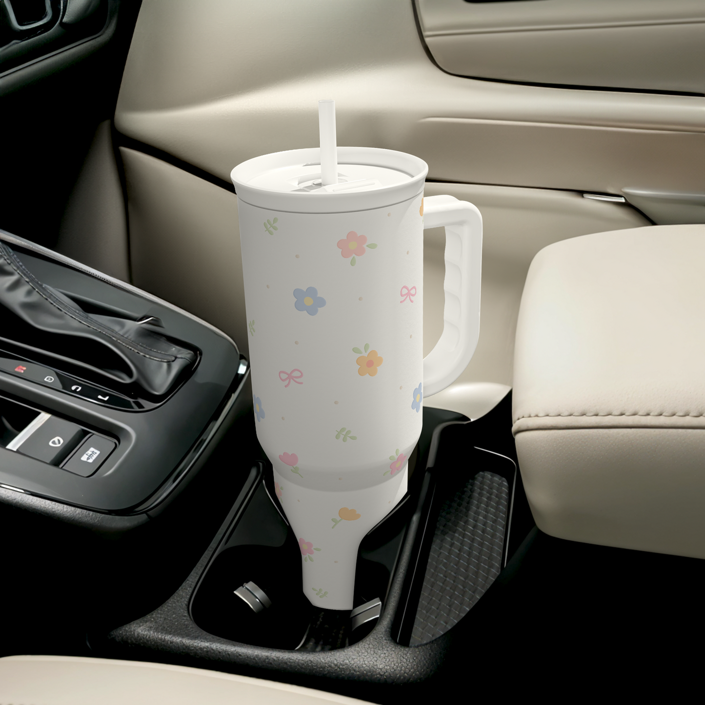 Floral 40oz Slider Tumbler with Handle and Straw - Insulated Stainless Steel Travel Coffee Mug for Women Girls, Gift for Birthday Christmas