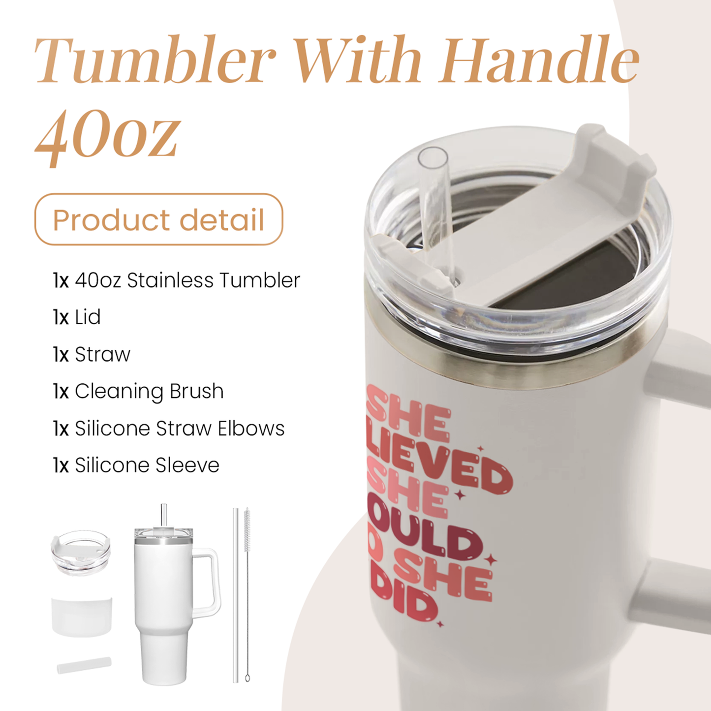 Graduation Gifts for Women She Believed She Could So She Did Tumbler 40oz Stainless Steel Insulated with Handle and Straw, New Job, Going Away, Inspirational Gifts for Her