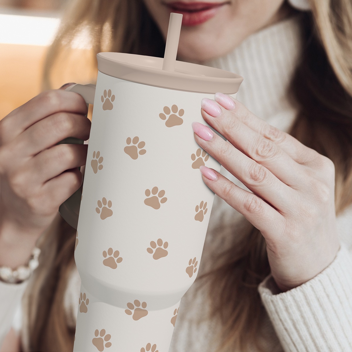 Paw Print Tumbler with Handle, Gifts for Dog Mom, Stainless Steel Insulated Tumblers Coffee Travel Mug Cup, Gift for Women Girls on Birthday Christmas Mothers Day, 40oz