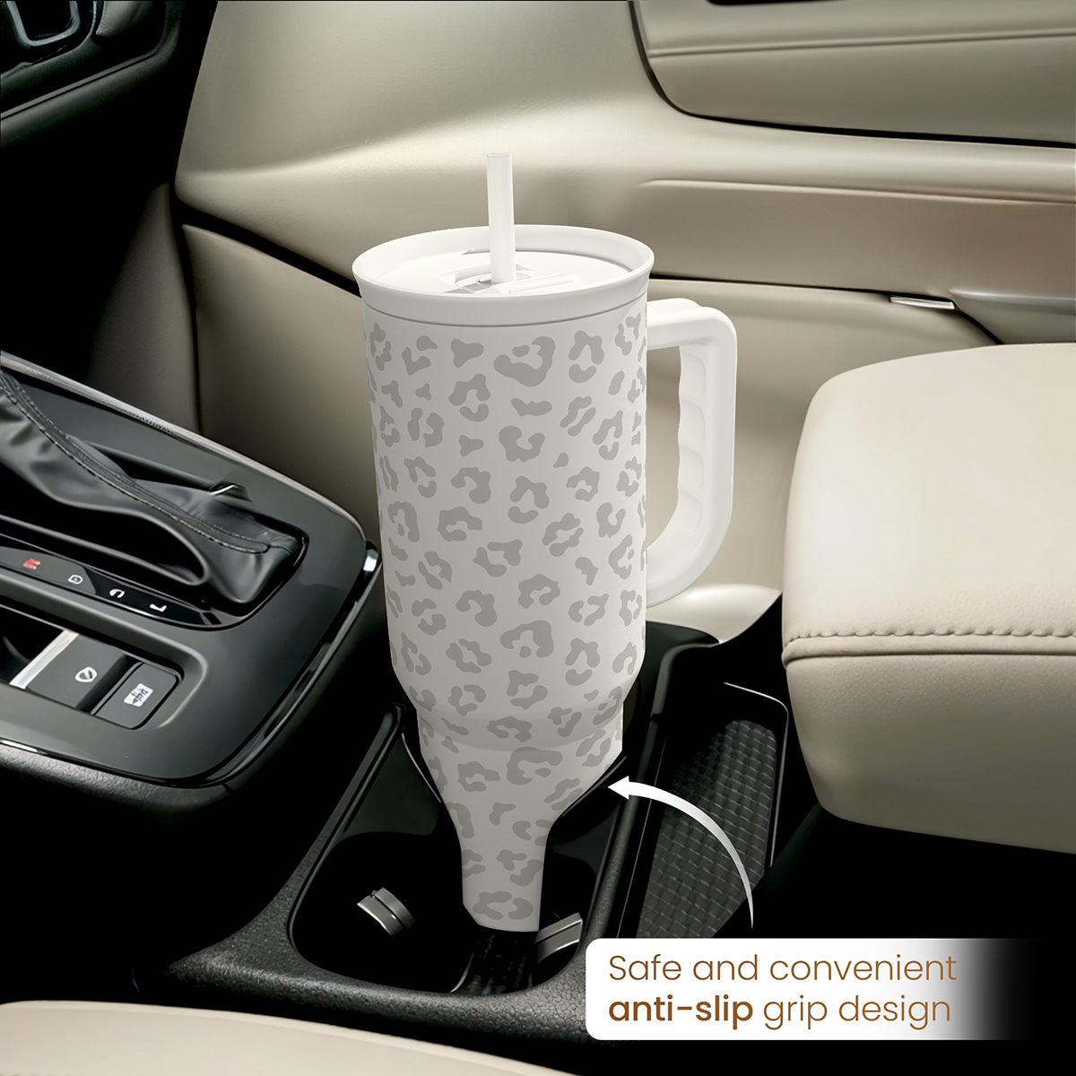 Leopard Tumbler with Handle, Insulated Cup Stainless Steel Travel Mug Cup, Gifts for Women Girl on Birthday Christmas, Cream Leopard, 40oz