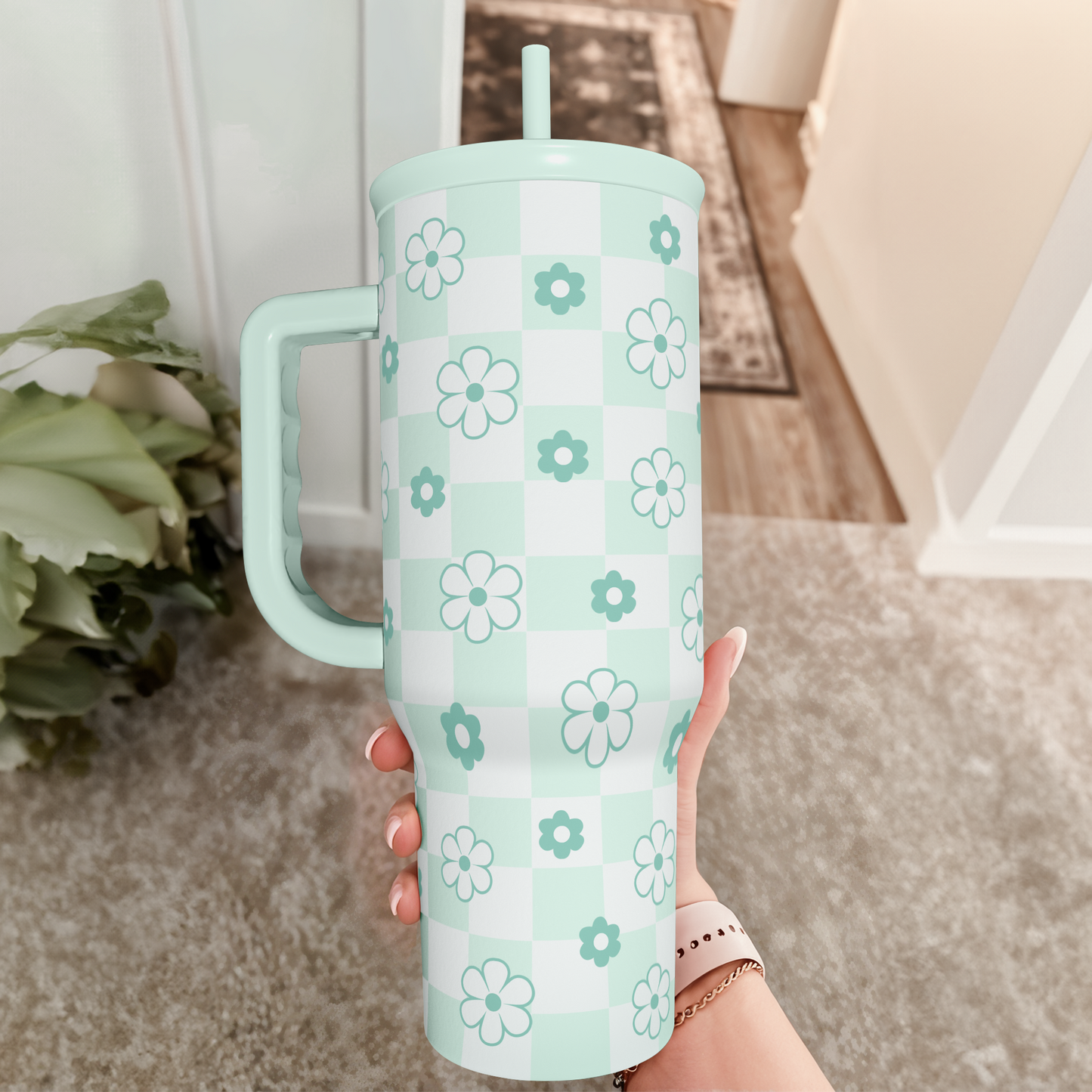 40oz Daisy Flower Tumbler with Handle and Straw - Insulated Stainless Steel Coffee Travel Mug for Women Girls, Floral Gift Idea for Birthday Christmas