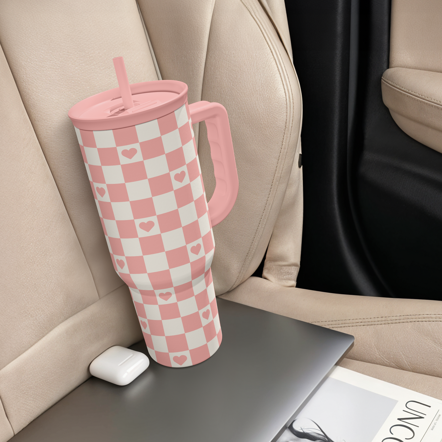 40oz Checkered and Heart Tumbler with Handle and Straw - Insulated Stainless Steel Travel Coffee Mug for Women Girls, Gift for Birthday, Christmas
