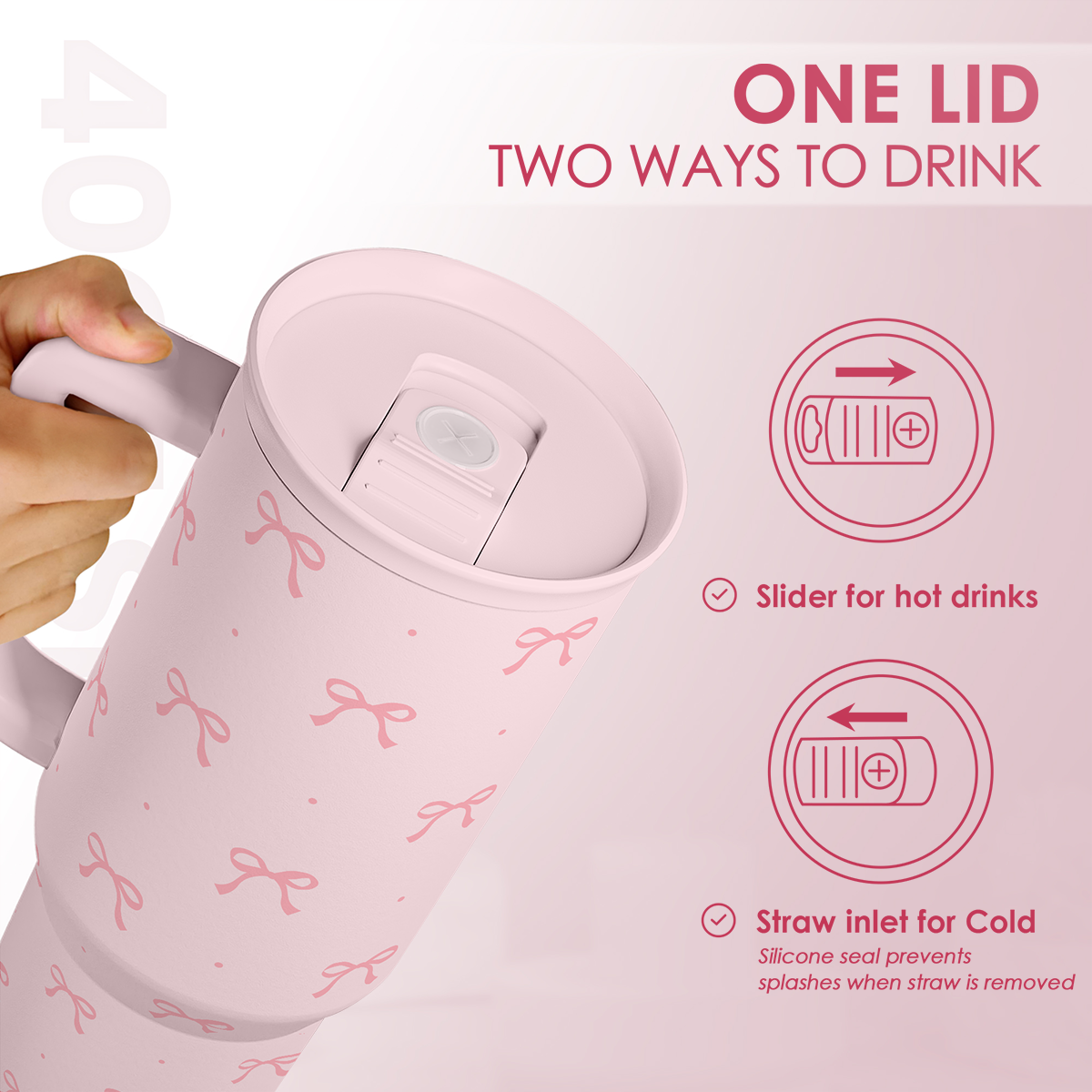 Gift for Women Girls - Coquette Bow Stainless Steel Tumbler with Handle, Travel Coffee Mug - Gifts for Birthday Christmas, 40oz