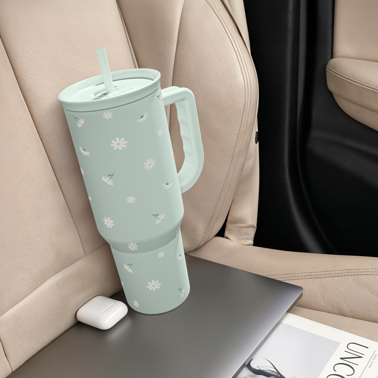 Daisy Flower Tumbler with Handle and Straw - Insulated Stainless Steel Coffee Travel Mug for Women Girls, Floral Gift Idea for Birthday Christmas