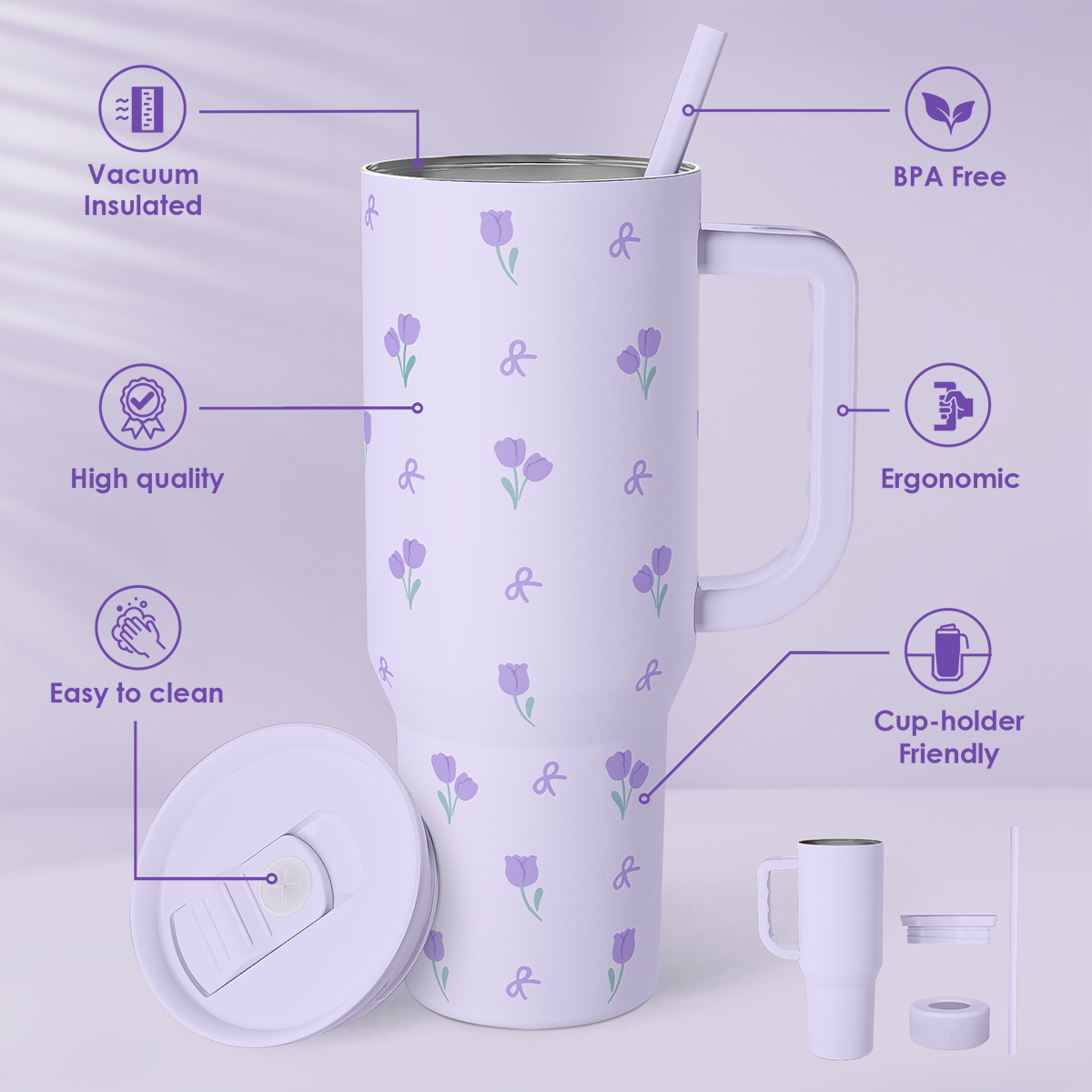 Floral 40oz Tumbler with Handle and Straw – Tulip Insulated Stainless Steel Travel Coffee Mug for Women Girls,  Floral Gift Idea for Birthday Christmas Mothers Day