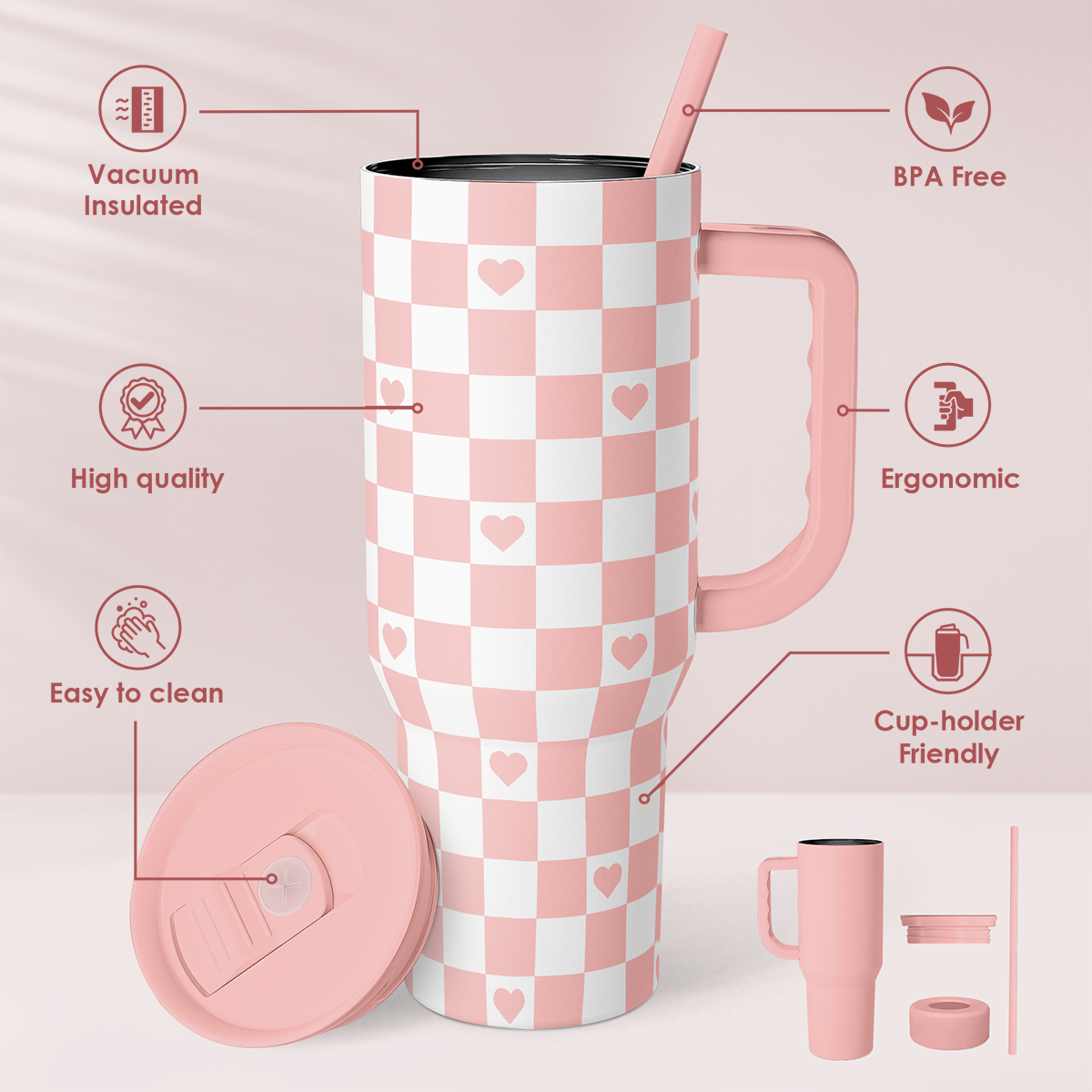 40oz Checkered and Heart Tumbler with Handle and Straw - Insulated Stainless Steel Travel Coffee Mug for Women Girls, Gift for Birthday, Christmas
