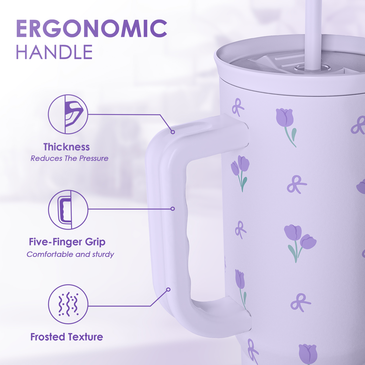 Floral 40oz Tumbler with Handle and Straw – Tulip Insulated Stainless Steel Travel Coffee Mug for Women Girls,  Floral Gift Idea for Birthday Christmas Mothers Day