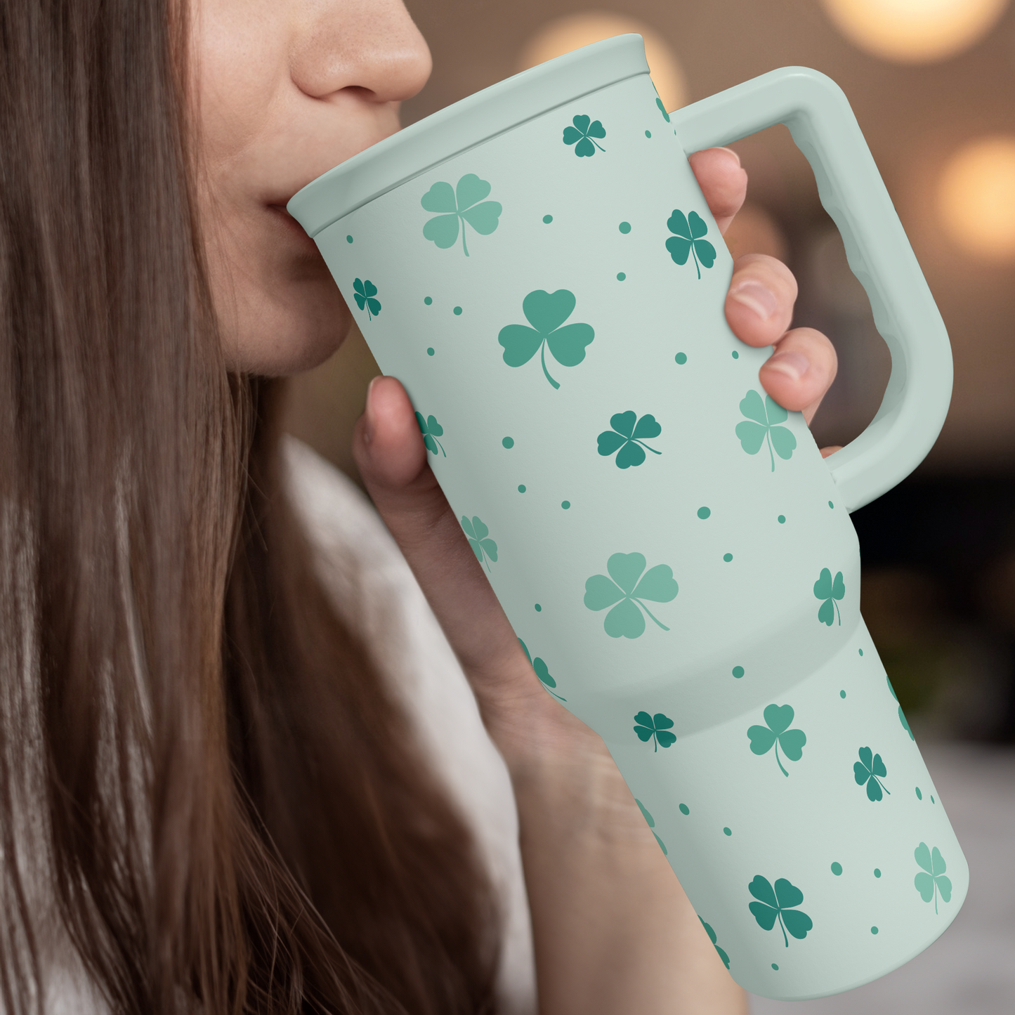 40oz Shamrock Tumbler with Handle and Straw - Insulated Stainless Steel Coffee Travel Mug, Christmas St. Patrick's Day Irish Gifts