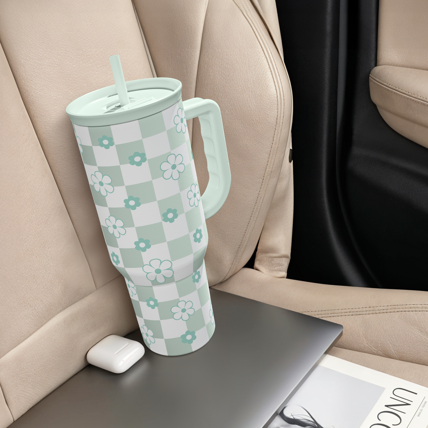 40oz Daisy Flower Tumbler with Handle and Straw - Insulated Stainless Steel Coffee Travel Mug for Women Girls, Floral Gift Idea for Birthday Christmas