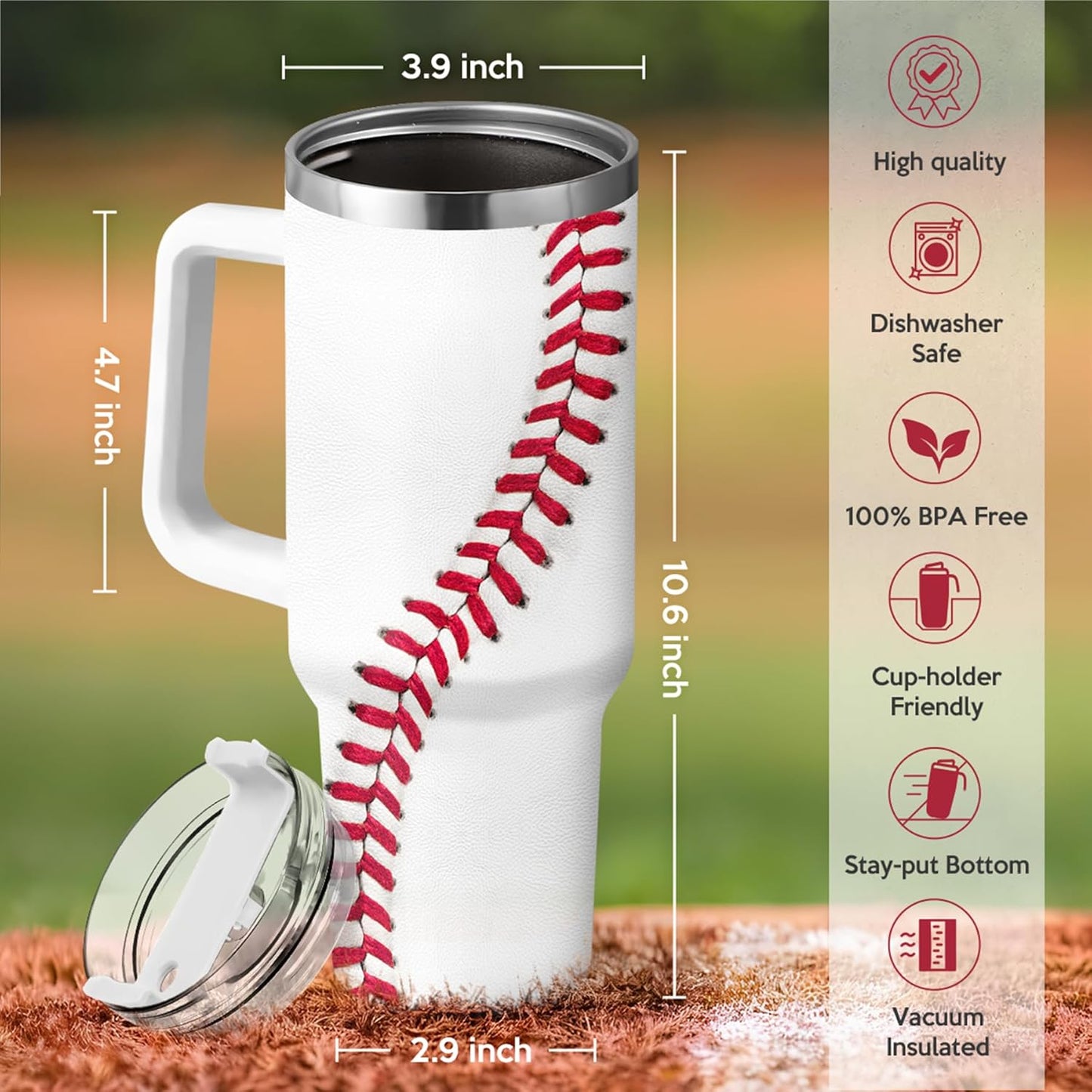 Baseball Tumbler with Handle 40oz with Lid & Straw, Baseball Gifts for Men Boys Player Coach Sports Lover, Baseball Tumblers Coffee Stainless Steel Insulated Cup Gifts for Christmas Birthday