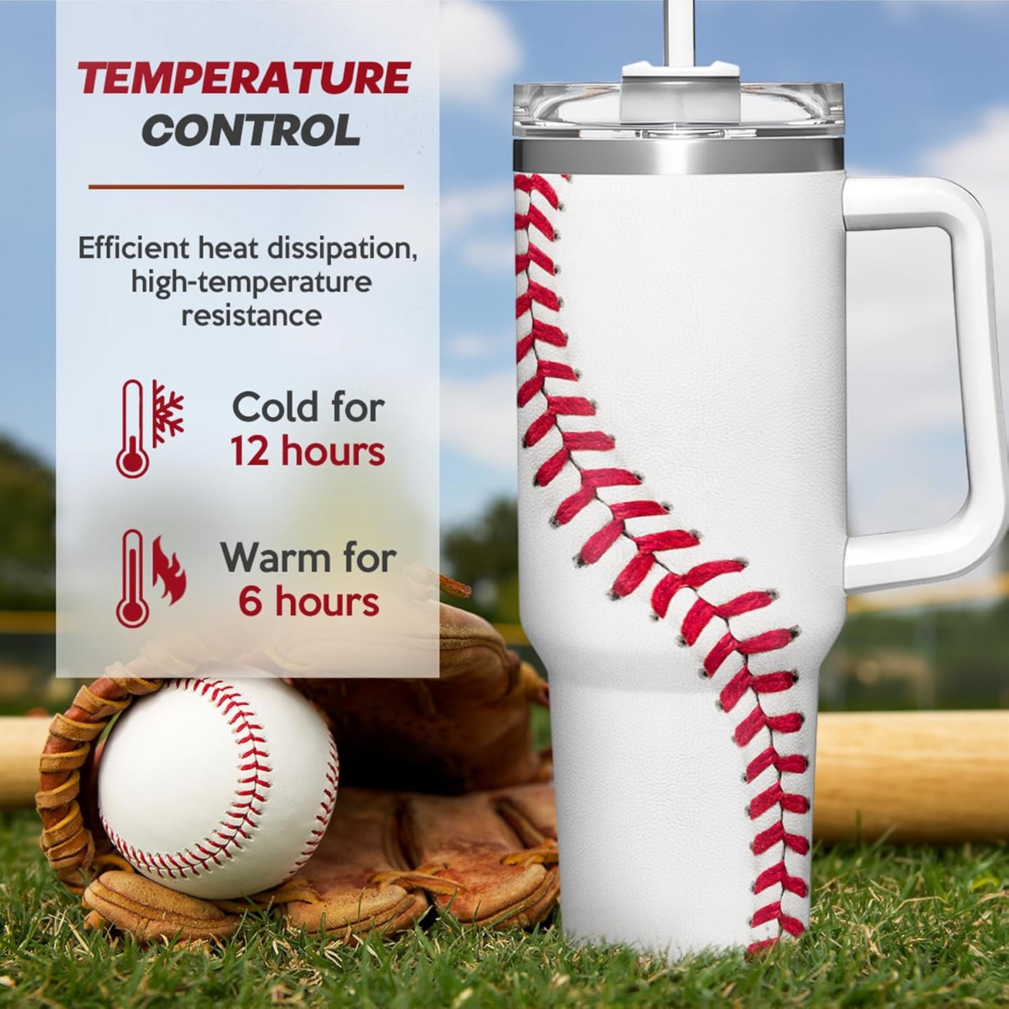 Baseball Tumbler with Handle 40oz with Lid & Straw, Baseball Gifts for Men Boys Player Coach Sports Lover, Baseball Tumblers Coffee Stainless Steel Insulated Cup Gifts for Christmas Birthday